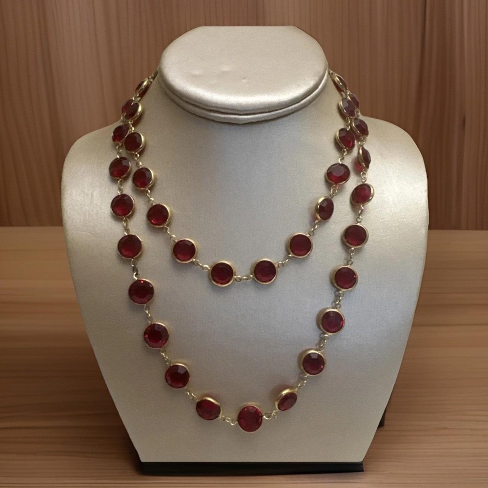 Vintage 80s Swarovski Goldtone Ruby Red Crystal 34" Bezel Chain Estate Sale